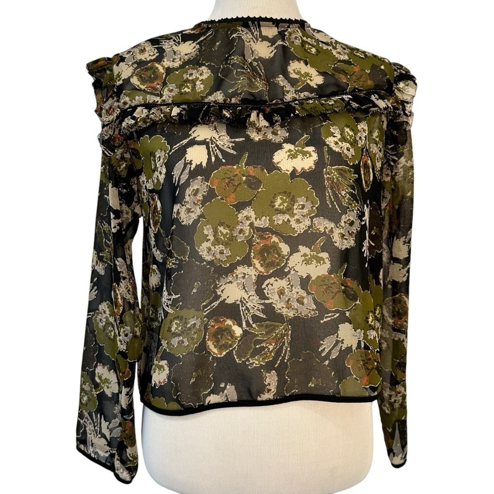 Zara chiffon long sleeve black and olive green floral blouse